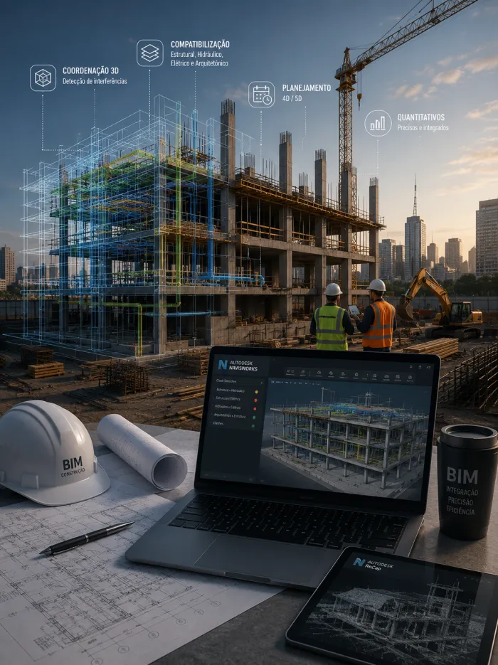 Canteiro de obras com o modelo 3D das instalações sobreposto ao esqueleto de concreto, e um notebook exibindo a detecção de interferências.