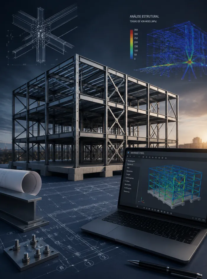 Estrutura metálica de um edifício em construção ao anoitecer, com um notebook exibindo a análise de tensões do mesmo modelo.